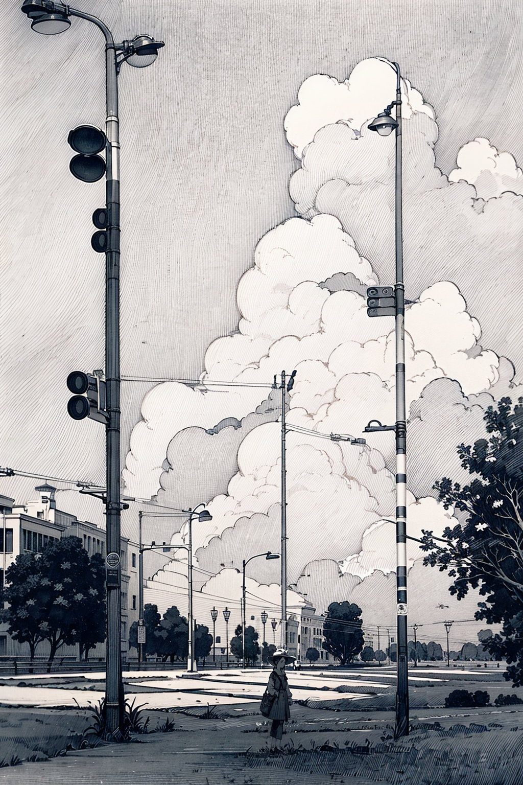 02958-1643040748-1girl, boulevard, streetlight, monochrome, grass, outdoor, solo, clouds, sky, traditional media, landscape_lora_Pen Drawing Styl.png